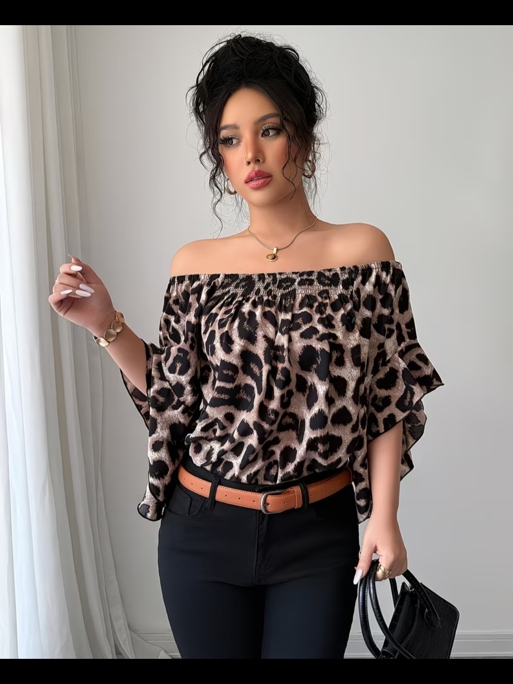Off-Shoulder Leopard Print Blouse in Tan and Black - Picture 3 of 5